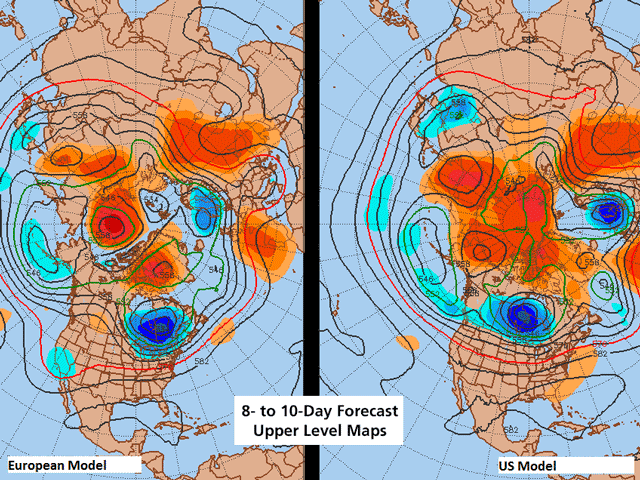 The U.S. model (right) shows the strong trough centered west of where the European model (left) has it predicted. The difference is that the U.S. model would hold the below-normal temperatures across the Canadian Prairies longer than the European model would. (Penn State Meteorology graphic)