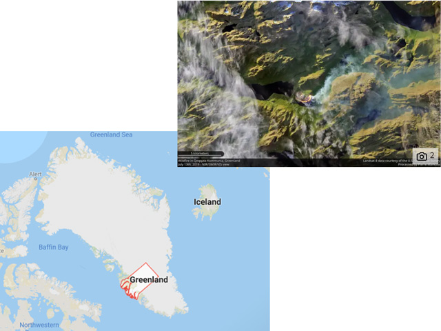 Active wildfires in western Greenland are just two of more than 100 intense and long-lived wildfires in the Arctic Circle that have been tracked since the beginning of June. (Google Maps and Pierre Markuse/Creative Commons)