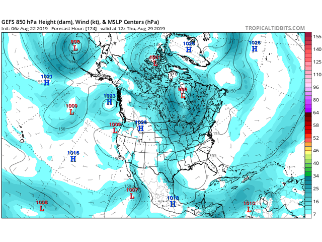 High pressure indicated for the Prairies at the end of August has a Pacific Ocean origin, which limits the threat of a killing freeze. (Tropical Tidbits graphic) 