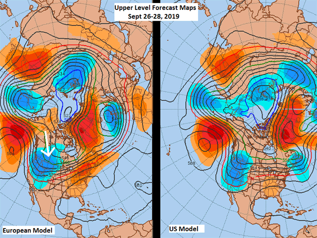 Looking at the model maps, a ridge to the west will block systems and direct the air mass flow into Western Canada. Originating over northwest Canada or eastern Alaska, this is a somewhat colder flow than if systems come into the region from either the Pacific Ocean or from the U.S. (Penn State Meteorology graphics)