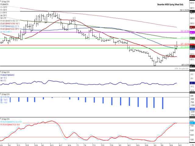 The December MGEX spring wheat contract rose for the third straight day on Friday, posting its biggest weekly gain in 17 weeks. The first study points to the Dec/March spread narrowing, a sign of supportive commercial activity, while the second study shows noncommercial traders holding a record bearish net-short futures position as of Sept. 10, while reported to pare this position for the first time in 13 weeks in data reported for Sept. 17. (DTN ProphetX chart)