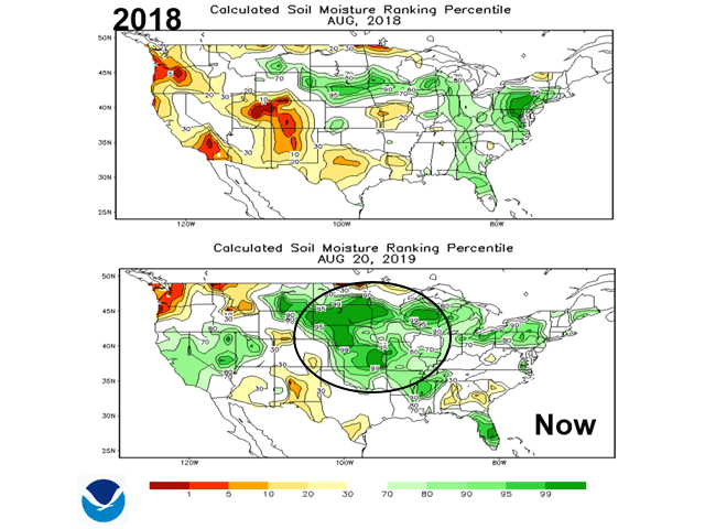 Soil moisture levels in the northern and central U.S. are near the top of historic rankings. (NOAA graphic)