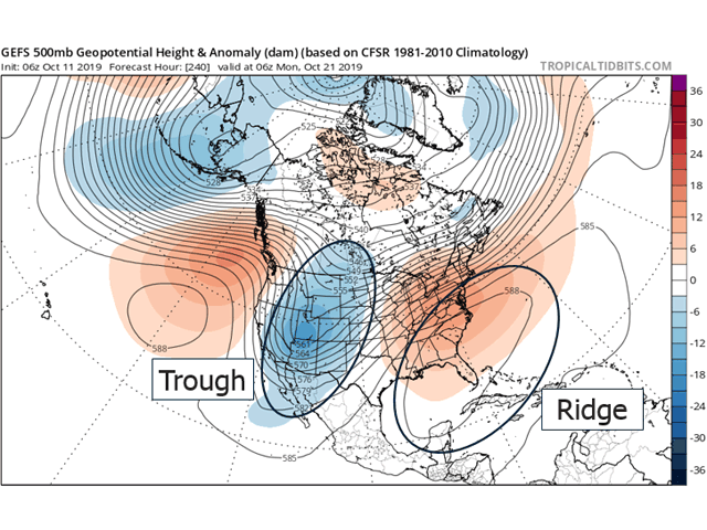 A trough west and ridge southeast upper air setup looks set to form again going into late October. (Tropical Tidbits graphic)