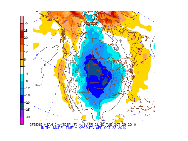 A very cold pattern for the central U.S. may push temperatures to around 25 degrees Fahrenheit below normal on Oct. 29. (Penn State graphic)