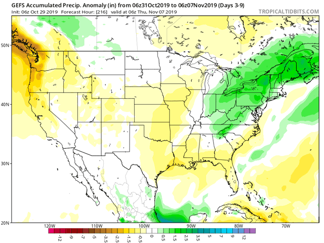 After a midweek rain and snow event, conditions turn notably drier in the western Midwest, Plains and Delta, with mostly below normal precipitation through Nov. 7. (Tropical Tidbits graphic)  