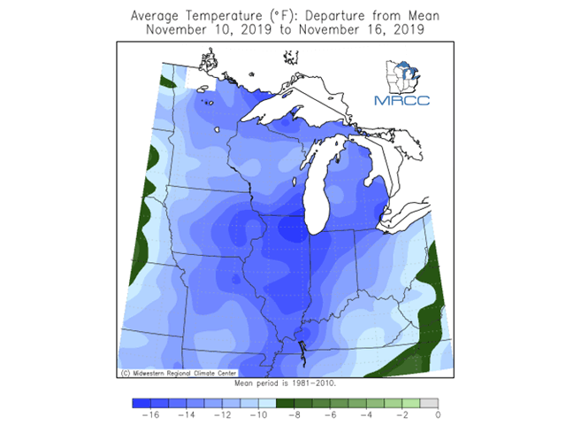 Bitter cold Nov. 10-16, which led to more than 1,000 new low temperature records, continued to disrupt corn harvest. (Midwest Climate Center graphic)