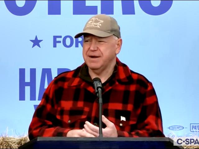 Minnesota Gov. Tim Walz campaigns for the Democratic ticket at a farm in Pennsylvania on Tuesday. The Harris-Walz campaign is seeking to make some inroads in rural areas where former President Donald Trump holds a strong polling edge over Vice President Kamala Harris. (Screenshot of C-Span livestream)