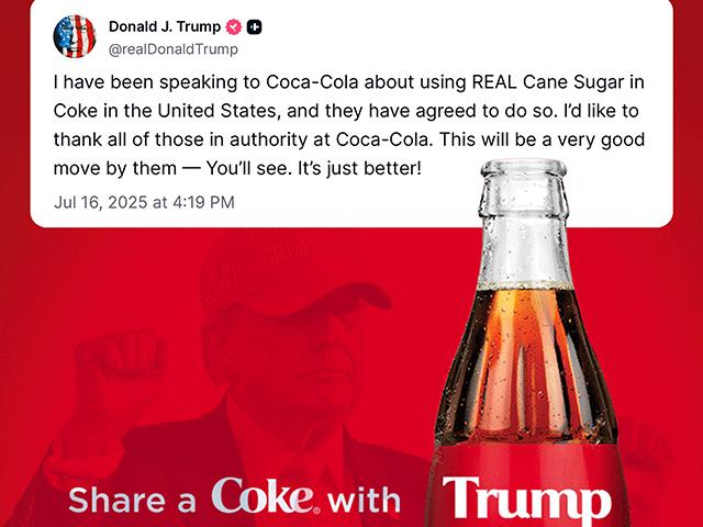 President Donald Trump said Wednesday on social media that Coca-Cola will switch to cane sugar in U.S. sodas. Coca-Cola stays vague but hits at innovation. The corn refiners warn of economic fallout with no health benefits. The White House press office issued this social media post. (Image from White House on social platform X)