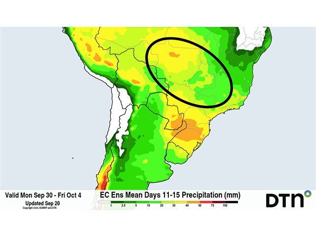 Rainfall in central Brazil (circled) may return late next week or weekend, increasing in intensity and coverage going into October. (DTN graphic)