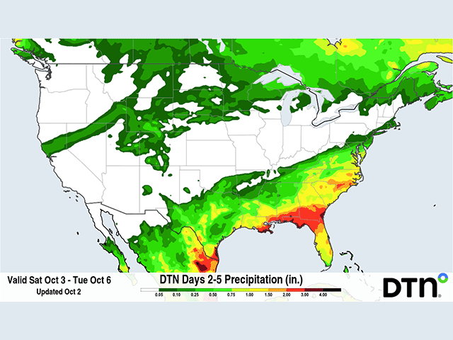 Sparse precipitation is expected everywhere but the Southeast over the next week. Isolated showers should be more of a topic than heavy rain in October, allowing recently flooded areas to recover. (DTN graphic)