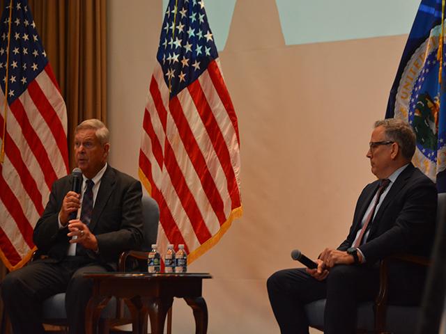 Agriculture Secretary Tom Vilsack takes questions from members of the National Farmers Union with NFU President Rob Larew. Vilsack credited NFU for several pieces of the Biden administration&#039;s agenda on farmers and rural America. (DTN photo by Chris Clayton) 