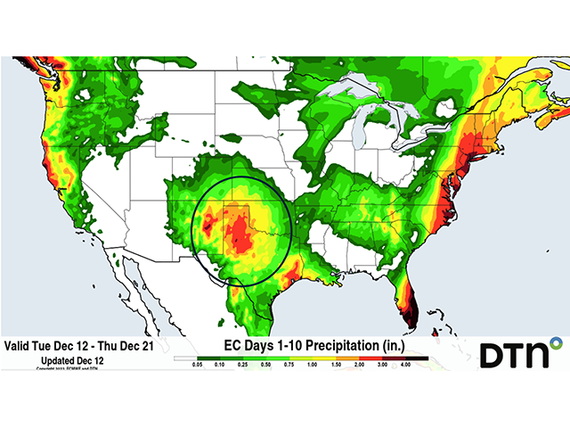 The Southwest Plains and Texas Panhandle could see as much as 2 to 3 inches of liquid precipitation from the mid-December storm system. (DTN graphic)