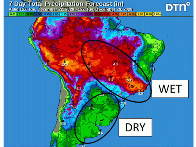 The sharp contrast between heavy rain in northern Brazil and no more than light rain in southern Brazil and Argentina during the end of December has the thumbprint of La Nina. (DTN graphic)