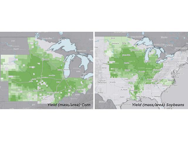 Green shading showed higher (dark green) and lower (light green) county yield estimates on Gro Intelligence&#039;s real-time yield maps in the states included in 2020&#039;s digital yield tour. Where standard tours are based on a random sample of fields that can be covered in a short time frame, satellite imagery during DTN/Progressive Farmer 2021 Digital Yield Tour is taking in crop and field conditions from every field, in every county, of the states we&#039;ll report on. (DTN/Progressive Farmer graphic courtesy of Gro Intelligence)