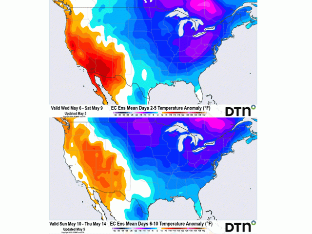 Temperatures fall well below normal May 8-12 east of the Rocky Mountains, including some below-freezing readings. (DTN graphic)