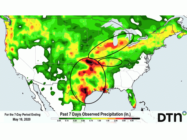 Rain totals in the mid-May week ranged from 2 to 5 inches in the Southern Plains through the Texas-Louisiana coast and 1.5 to 3 inches in the eastern Midwest. (DTN graphic)