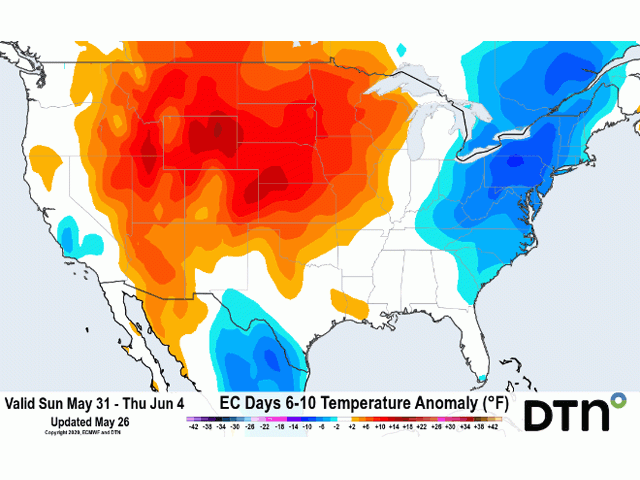 Much of the central U.S. has a forecast for well-above-normal temperatures during the first week of June. (DTN graphic) 