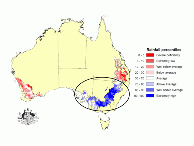 Eastern and southern Australia crop areas have had generous rain to begin the crop season. New South Wales has seen the largest increase. (Australia Bureau of Meteorology graphic)