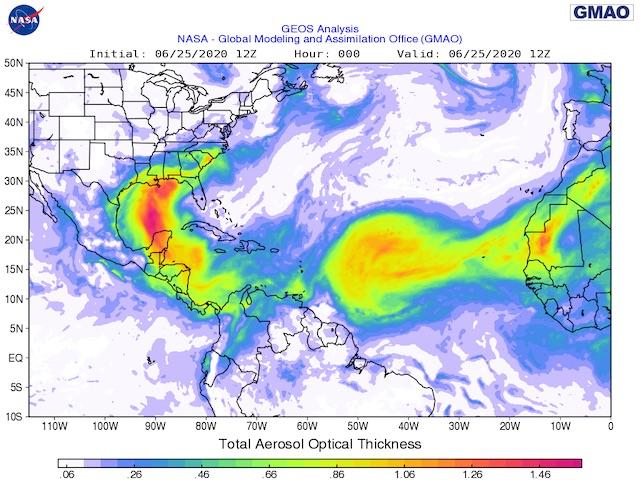 Bright-green, yellow and red in atmosphere aerosol analysis shows the extent of the Sahara Desert dust cloud crossing the Atlantic Ocean and swirling into the U.S. (NASA graphic)