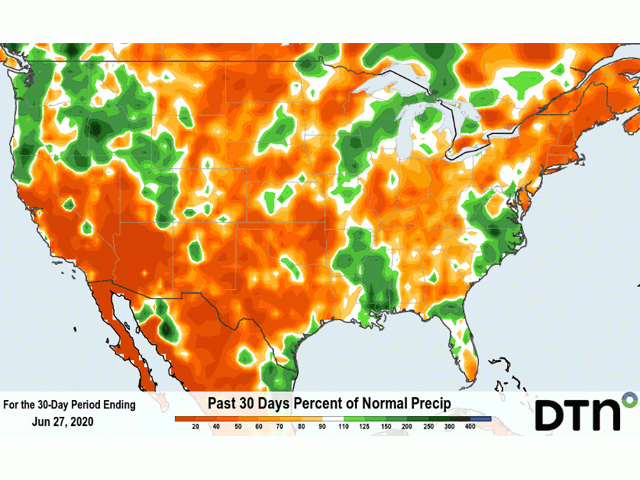 Through June 27, most central U.S. crop areas had recorded well under 50 percent of normal precipitation for the previous 30-day period. (DTN graphic)