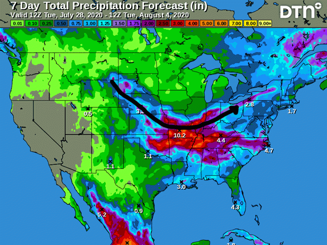A compact but intense storm moving from the Black Hills to the Ozarks and then to the eastern Midwest July 29-Aug. 2 will leave a big swath of moderate to heavy rainfall. (DTN graphic)