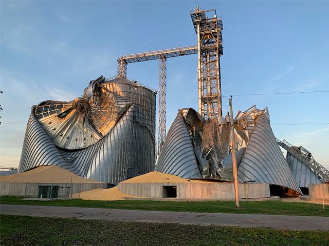 Iowa grain bins crushed by the 2020 derecho show how they were no match against hurricane-strength winds. (DTN file photo by Todd Hultman)