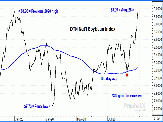After soybeans attained the highest good-to-excellent crop rating in at least 10 years in early August, cash soybean prices turned due north the rest of the month, propelled by hot, dry weather and a surge of new-crop export sales (DTN ProphetX chart).
