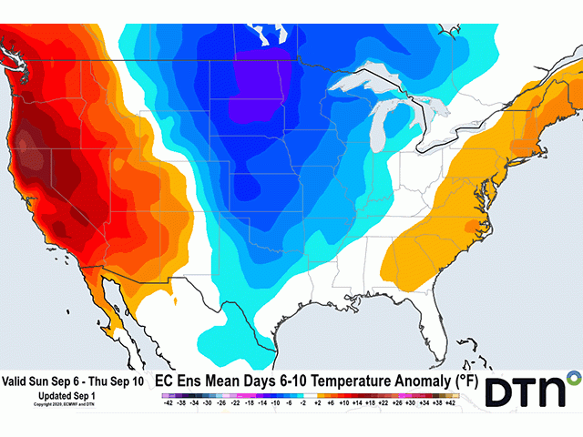 Temperatures from Sept. 6-10 will be well-below normal between the Rockies and the Mississippi River. An early frost is possible across the far north on a couple of occasions. (DTN graphic)