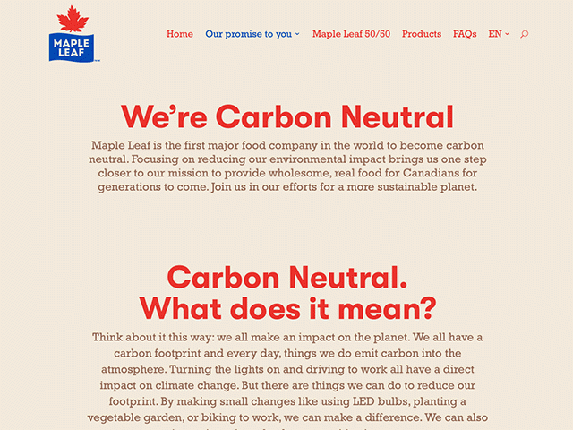 On Maple Leaf Food&#039;s website, the company explains what is carbon neutral and how the company achieved carbon neutrality. (Screen capture image)
