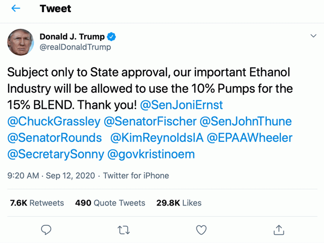 In a tweet Saturday, President Donald Trump announced he had approved an order that will allow 15% ethanol to be used in 10% pumps. Trump also cited Iowa and South Dakota officials in his tweet, as well as EPA Administrator Andrew Wheeler and Agriculture Secretary Sonny Perdue.  (DTN image from Twitter feed)