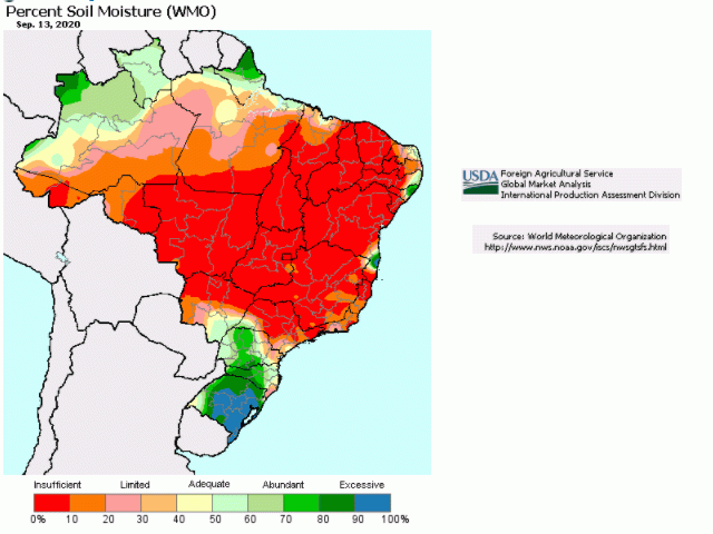 Bright red over most of Brazil means short to very short soil moisture, including the top production state of Mato Grosso. (PECAD FAS graphic)