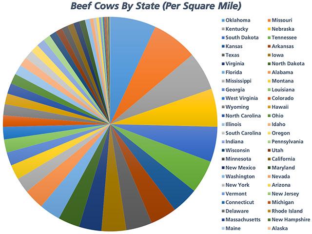 Beef production is widespread through the nation. Listing state cow numbers by "cow density" reminds us just how evident beef cattle production is in all 50 states. (DTN chart by Rick Kment)