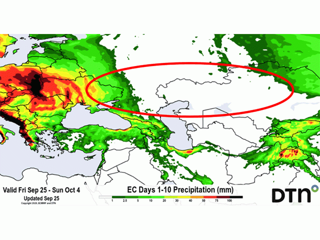 The European forecast model shows almost no rain for Russia&#039;s top wheat production regions through the first few days of October. (DTN graphic)