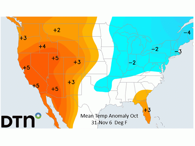 Plains and western Midwest temperatures look set to move into above-normal categories by early November. (DTN forecast graphic)