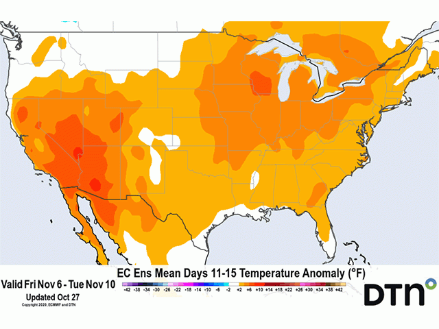 Following record in the Plains in late-October, temperatures are expected to rebound to above normal in early November. (DTN graphic)
