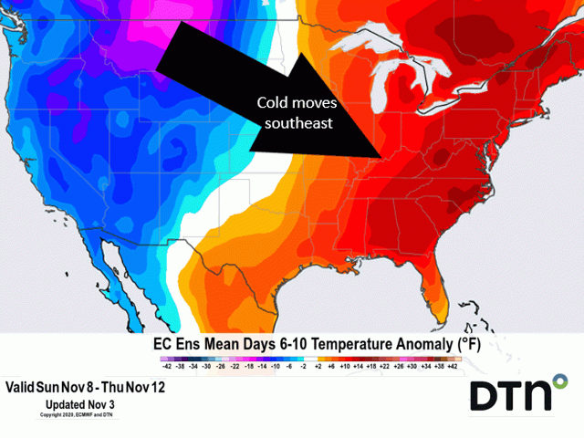 Well-below normal temperatures in the Northern Plains over the coming weekend will spread southeast next week. (DTN graphic)