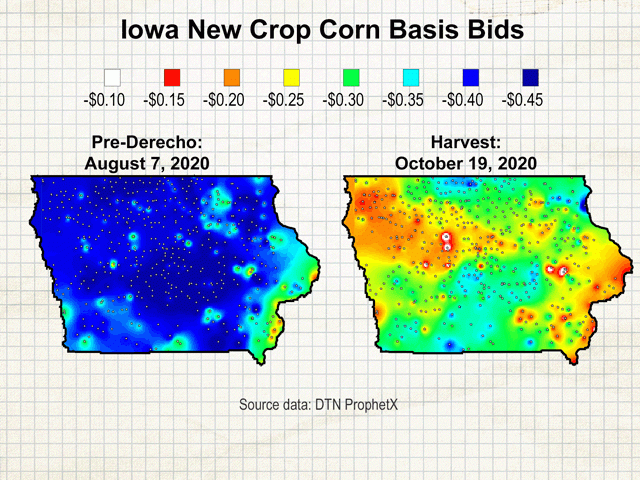Country elevator bids for new-crop corn went from generally 40 cents under the December 2020 futures contract in mid-August to stronger levels once the crop was actually harvested. (DTN ProphetX graphic)