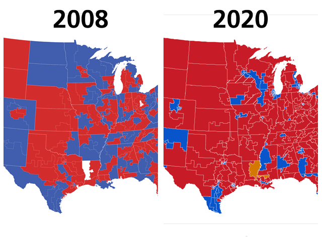 Before Republicans flipped the House in the 2010 mid-term election, there was a fair amount of blue splotched in with the red in the Midwest and Plains states. Republicans now represent the vast majority of rural districts nationally. (DTN image from House electoral races) 