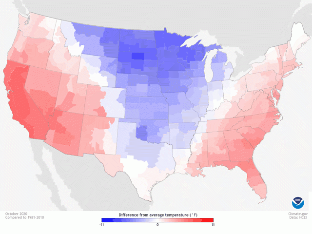Very warm west, very cool central and very warm east describes the October 2020 U.S. temperature trend. (NOAA graphic)