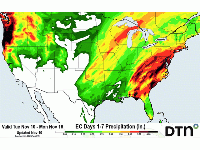 Much of the U.S. is in line to see moderate to heavy precipitation through Nov. 16. (DTN graphic)