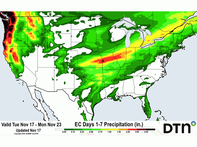 A storm system Nov. 21-23 will produce moderate rainfall across the winter wheat areas. (DTN graphic)
