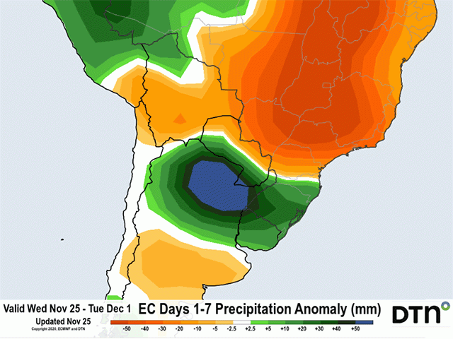 Precipitation will be concentrated around northern Argentina and southern Brazil through Dec. 1, putting stress on developing corn and soybeans in central Brazil. (DTN graphic)