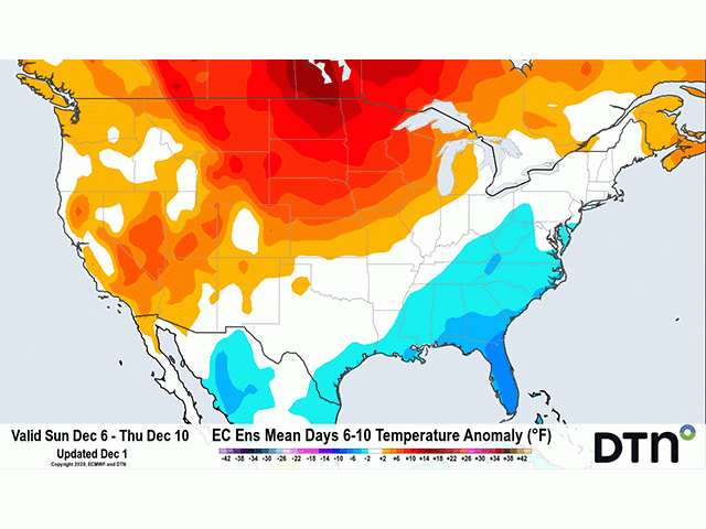 A pattern change is bringing drier conditions to much of the country during the next week, with arctic cold conditions locked up near the North Pole. Temperatures will increase early next week. (DTN graphic)