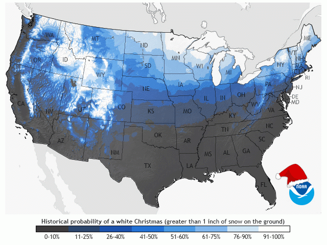 Chances of seeing snow cover on Christmas Day are obviously quite common toward the U.S.-Canada border. But a lack of snow this year could lead to some areas seeing a brown or even green Christmas. (NOAA graphic)