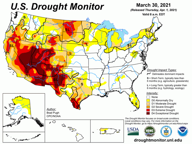 The U.S. Drought Monitor shows many areas of the country in some form of dryness or drought as spring planting begins. (NDMC graphic)