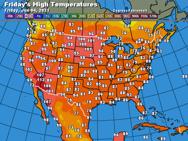 Hot air building over the Western U.S. will spread across the northern tier of the country. Some locations around and including the Dakotas could reach triple digits Fahrenheit on June 4-5. (DTN graphic)