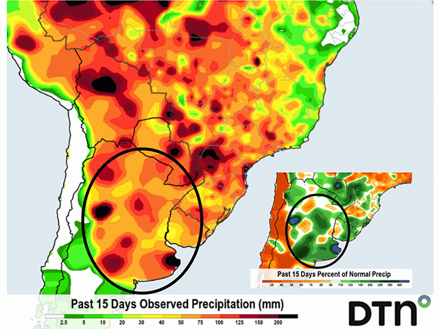 The past two weeks have brought from 2 to 5 inches of rain to Argentina crop areas, up to three times normal. (DTN graphic)