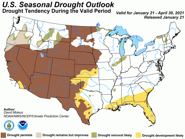 The NOAA mid-January seasonal drought outlook indicates drought easing in the eastern Midwest, with either no change or deepening drought west of the Mississippi River. (CPC graphic)