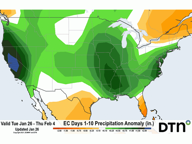 Several strong storms with above-normal precipitation are expected to move through the United States through early February. (DTN graphic)