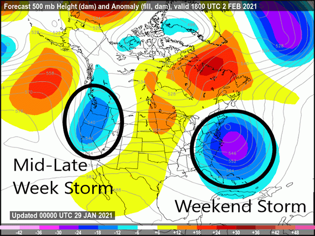 The upper-level depiction on Feb. 2 shows one storm that will have moved through the country during the weekend and then depart off the East Coast. Another storm moving into the West Coast will move through the country next week. It is the second system that will have more potent effects for the U.S. (DTN graphic)